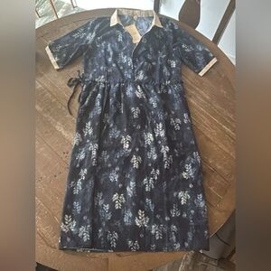 Boho Style Cotton Navy Floral Cotton Midi Backyard BBQ Prairie Cottagecore Dress